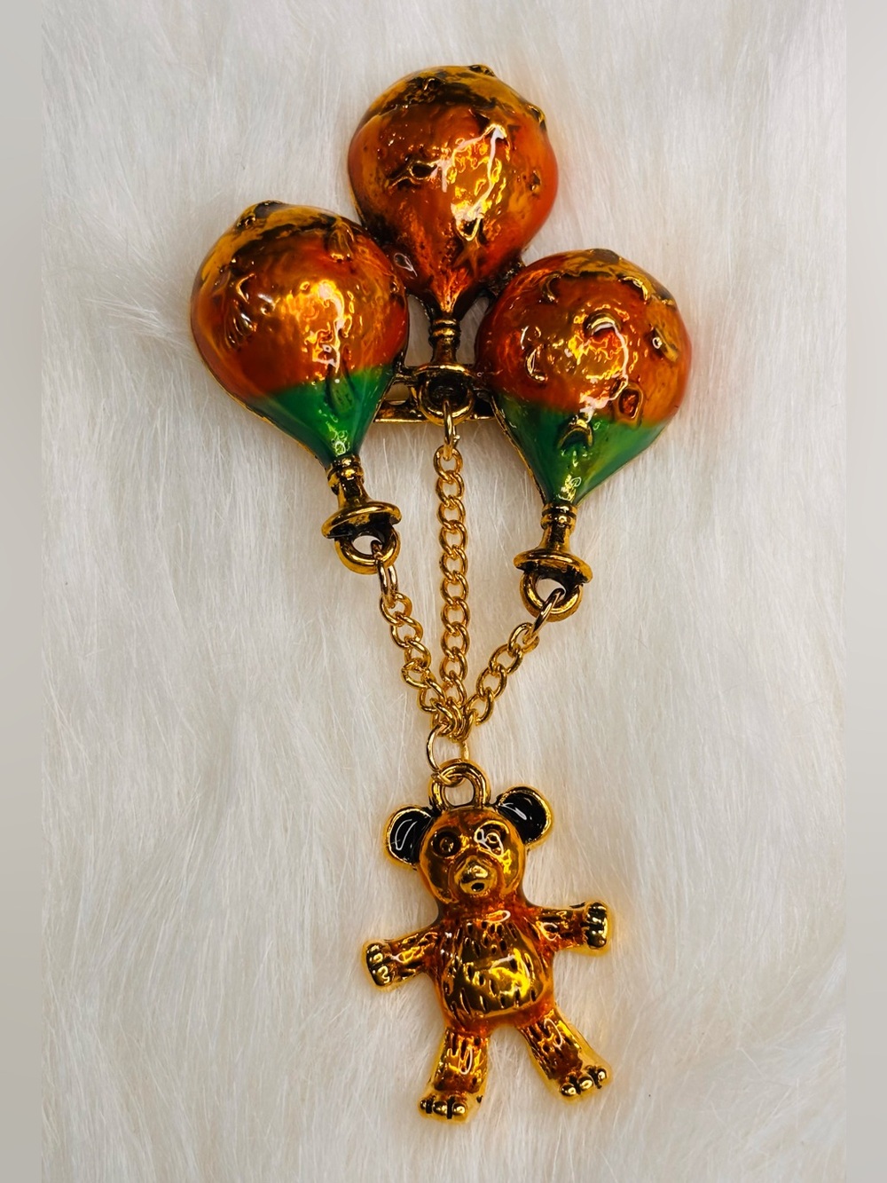 Teddy Bear Hot Air Balloon Dangle Brooch Gold Tone